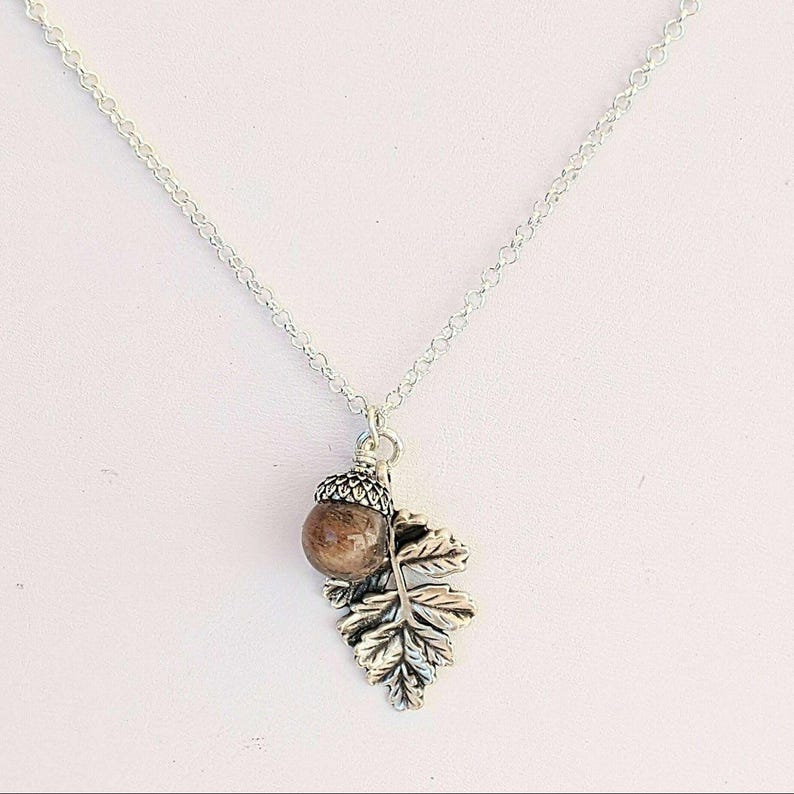Acorn Oak Leaf Necklace, Silver - - LadybugfeetDesigns -