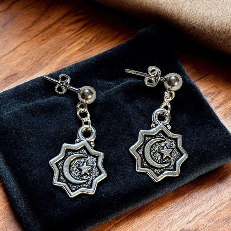 Crescent Moon/Star Charm Drop Stud Earrings-Silver - - LadybugfeetDesigns -