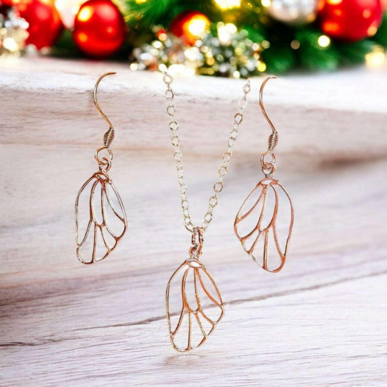 Butterfly/Fairy Wing Rose Gold necklace/earrings set, 18 inch - - LadybugfeetDesigns -