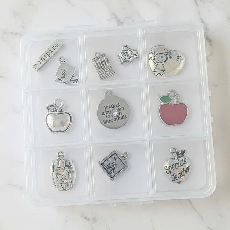 Teacher Charm Box - 11 pc., Silver - - LadybugfeetDesigns -