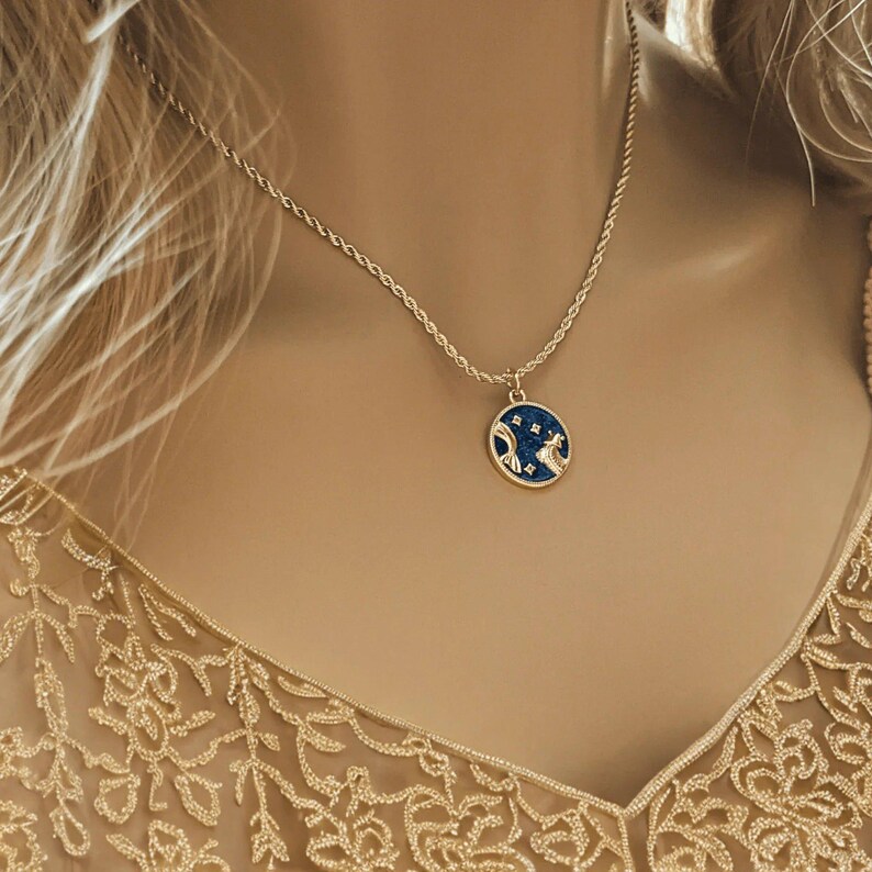 Blue Enamel Zodiac Pendant Necklace, Gold - 20 inches - - LadybugfeetDesigns -