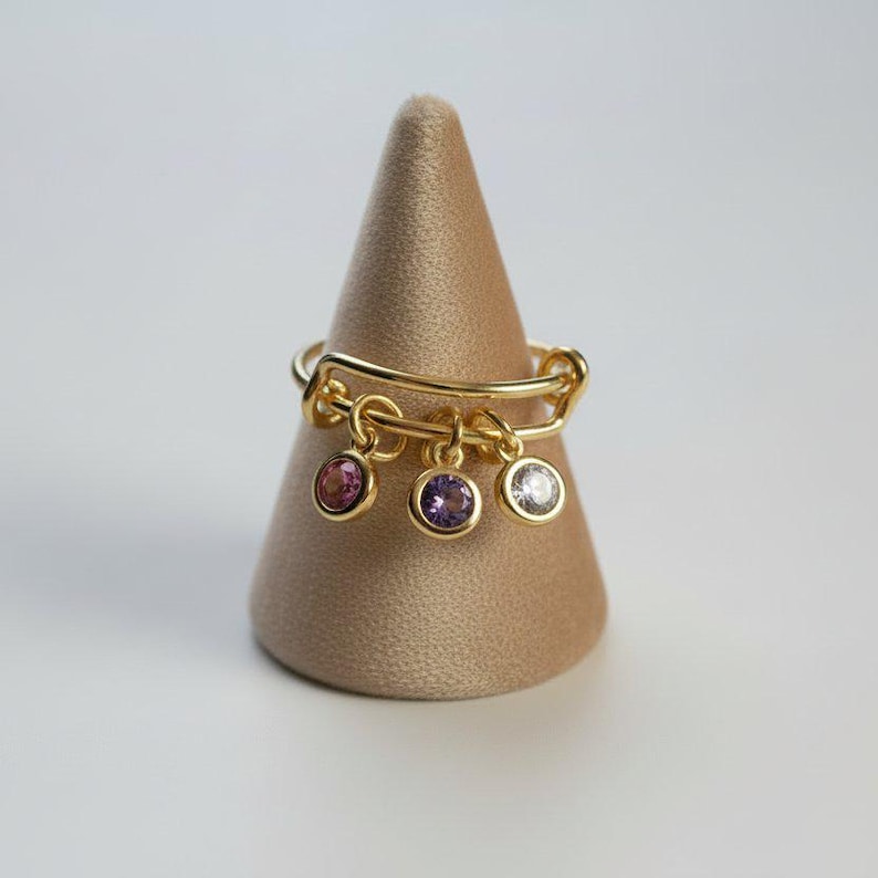 Mother's Birthstone Charm Ring, Adjustable, 14k Gold-Filled - - LadybugfeetDesigns -