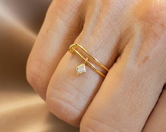 Tiny CZ Diamond Adjustable Charm Ring, Gold