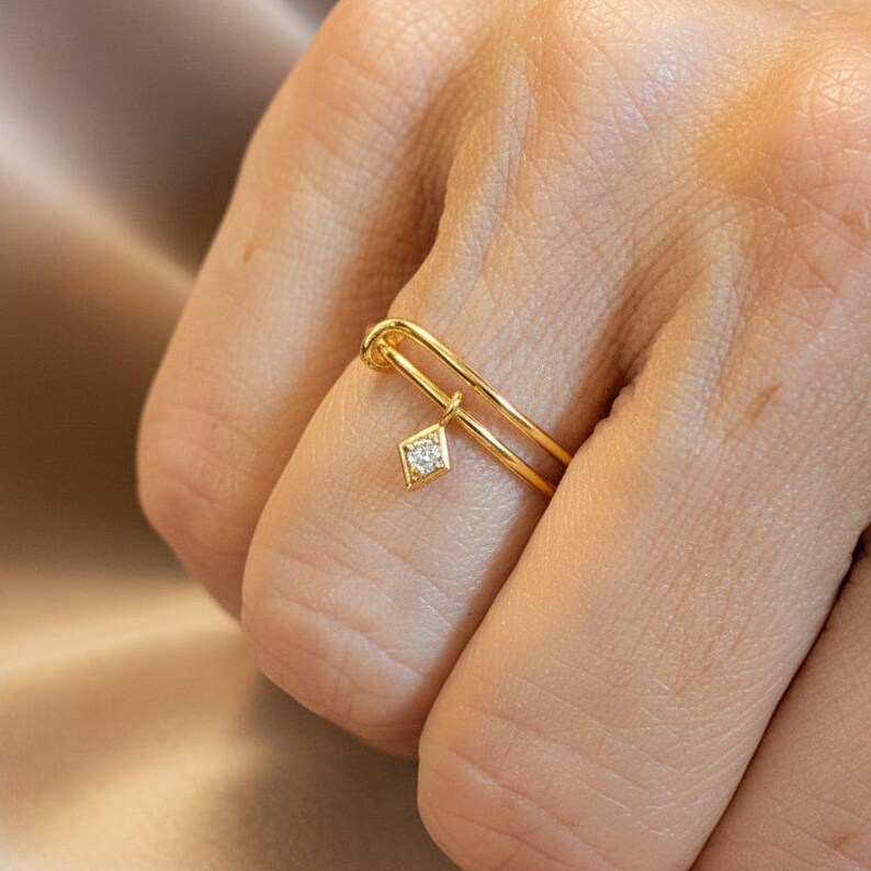 Tiny CZ Diamond Adjustable Charm Ring, Gold - - LadybugfeetDesigns -