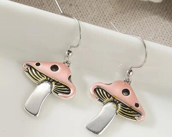 Rustic Whimsical Mushroom Hook Earrings, Silver