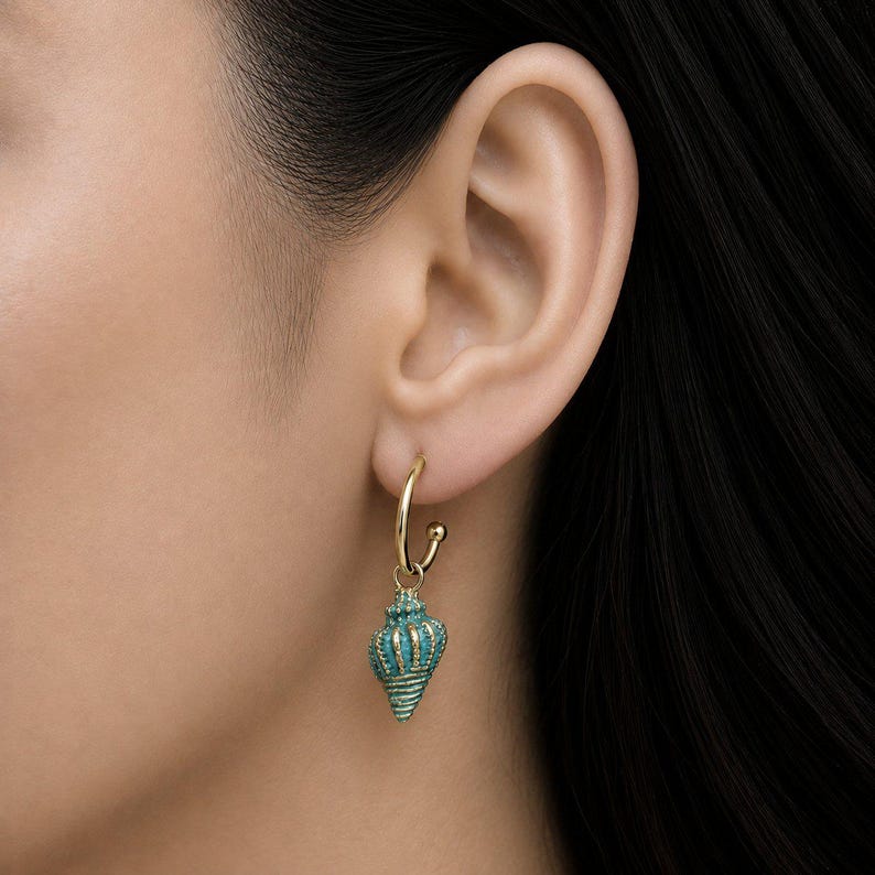 Sea Blue Conch Seashell hoop earrings, Gold - 16mm - - LadybugfeetDesigns -