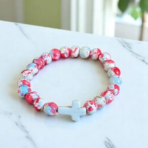 Hot Pink Baby Blue Beaded Cross Stretch bracelet - - LadybugfeetDesigns -
