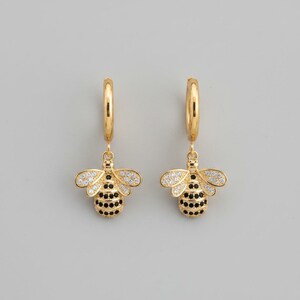 CZ Honeybee Hoop earrings, Gold -12mm - - LadybugfeetDesigns -