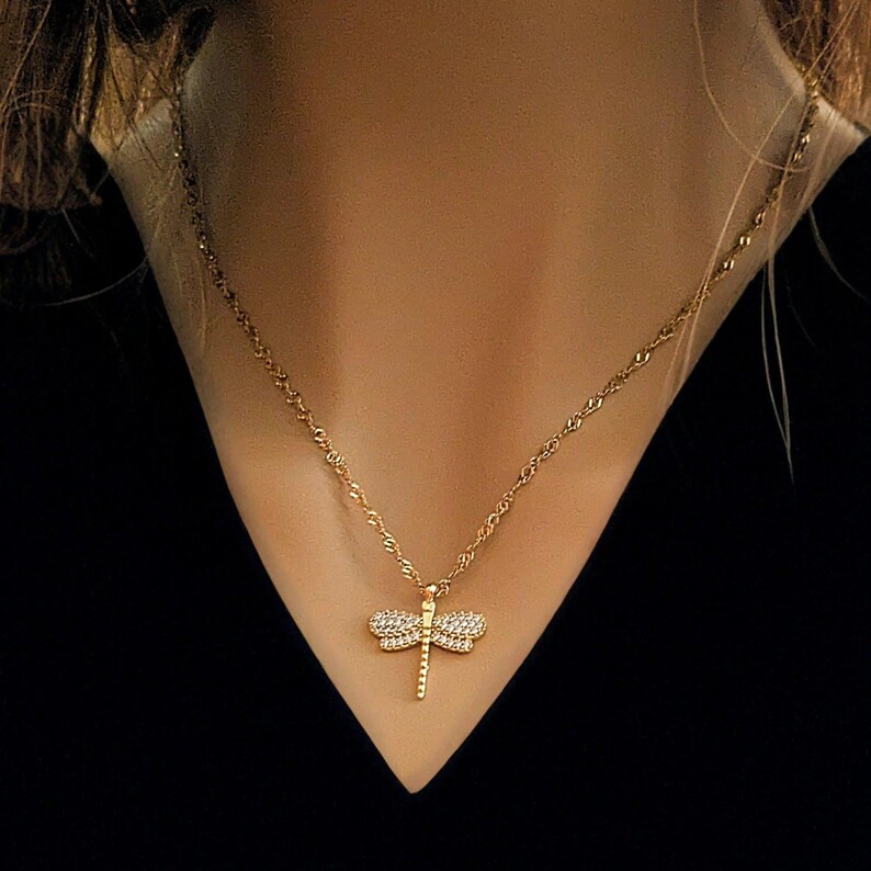 Sparkly Dragonfly necklace, Gold- 20 inch - - LadybugfeetDesigns -