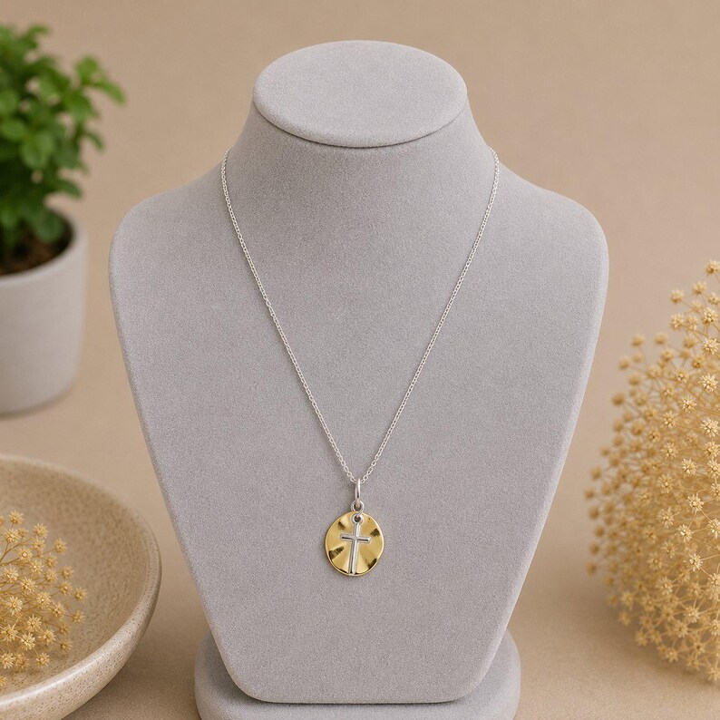 Silver Cross on Gold Two-Tone Necklace, 20 inches - Silver - - LadybugfeetDesigns -