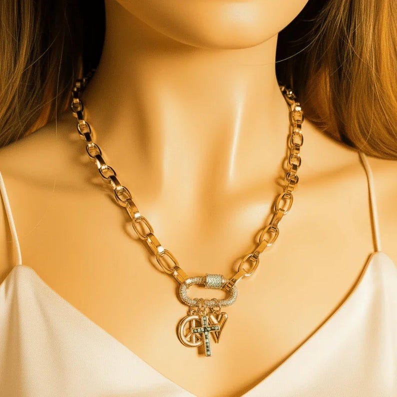 Peace & Love Carabiner Necklace, Gold - 20 inch - - LadybugfeetDesigns -