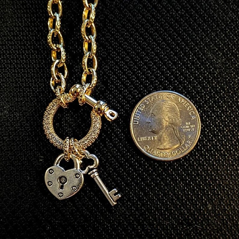 Heart Lock and Key Shackle Clasp Carabiner Necklace, Gold - 20 inch - - LadybugfeetDesigns -
