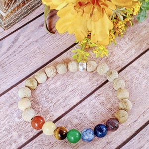 Sandalwood Chakra Bead Diffuser Bracelet, Energy & Balance - - LadybugfeetDesigns -