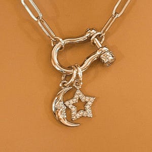 Celestial Moon CZ Star Shackle Clasp Carabiner Necklace, Silver - 20 inch - - LadybugfeetDesigns -
