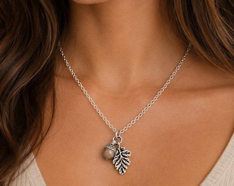 Acorn Oak Leaf Necklace, Silver