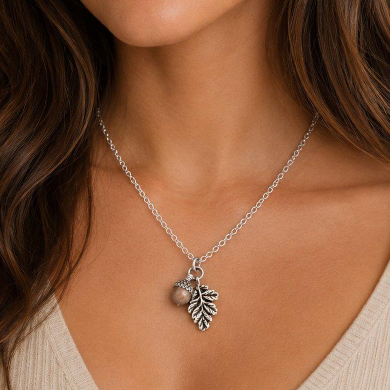 Acorn Oak Leaf Necklace, Silver - - LadybugfeetDesigns -