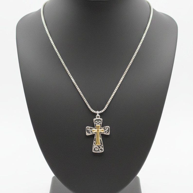 Two Tone Fancy Cross Necklace, Sterling Silver- 24 inches - - LadybugfeetDesigns -