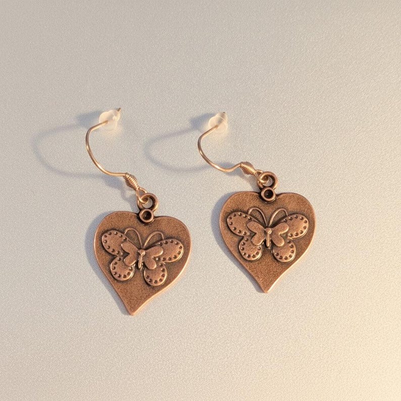 Butterfly Heart dangle earrings, Copper/Rose Gold - - LadybugfeetDesigns -