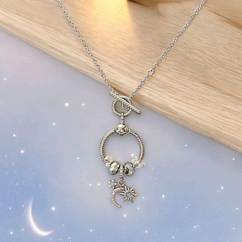 Moon Sun Star Sterling Silver Toggle Charm Necklace, 20 inches - - LadybugfeetDesigns -