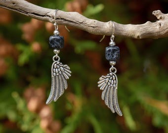 Angel Wing Sodalite Hook Earrings, Silver