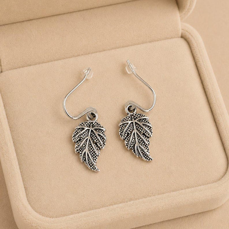 Fancy Leaf Hook Earrings, Silver - - LadybugfeetDesigns -