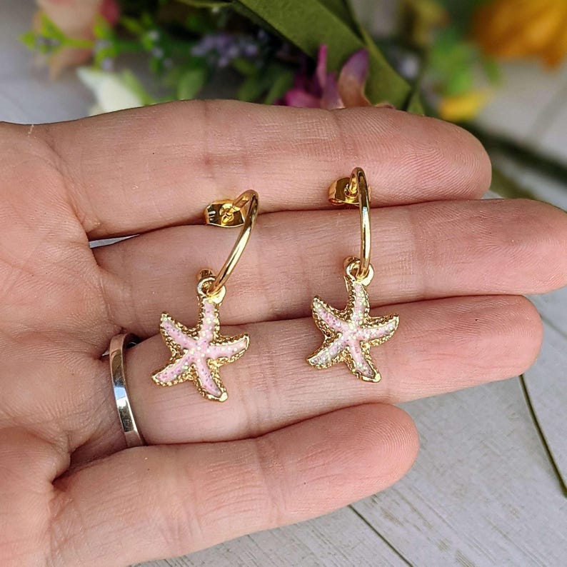 Pink Starfish Gold Hoop earrings, Hoop Drop