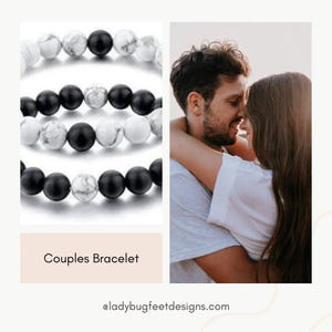 White Howlite and Black Wood Bead Couple's Bracelet, Distance Bracelets SET, Unisex - - LadybugfeetDesigns -