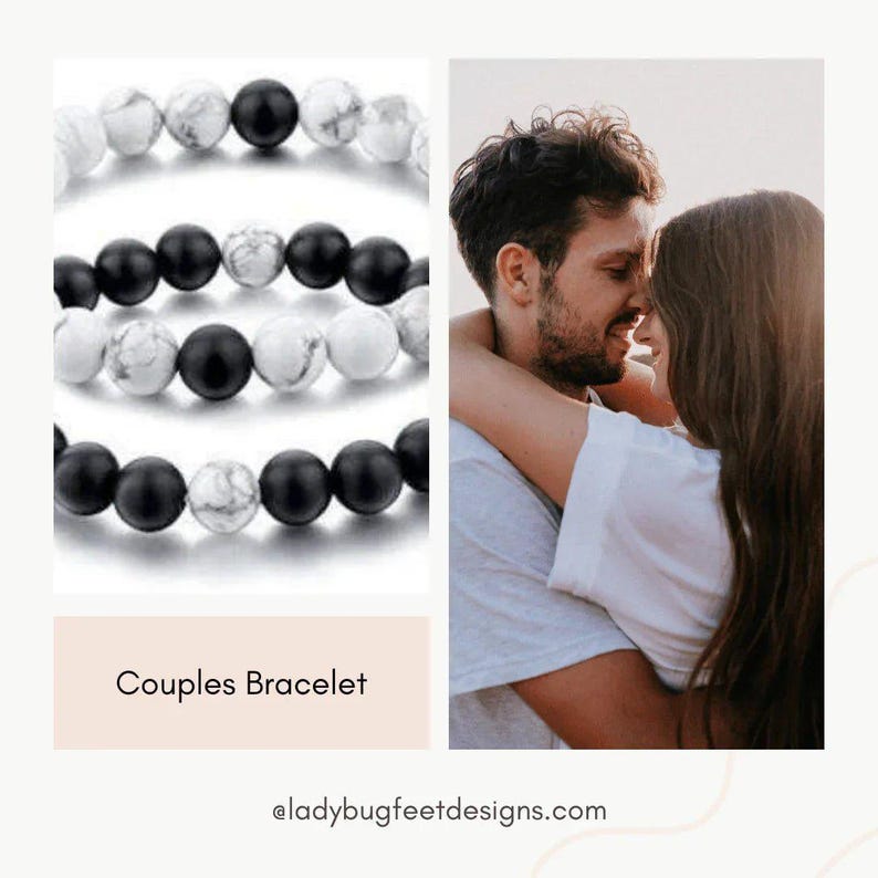White Howlite and Black Wood Bead Couple's Bracelet, Distance Bracelets SET, Unisex - - LadybugfeetDesigns -