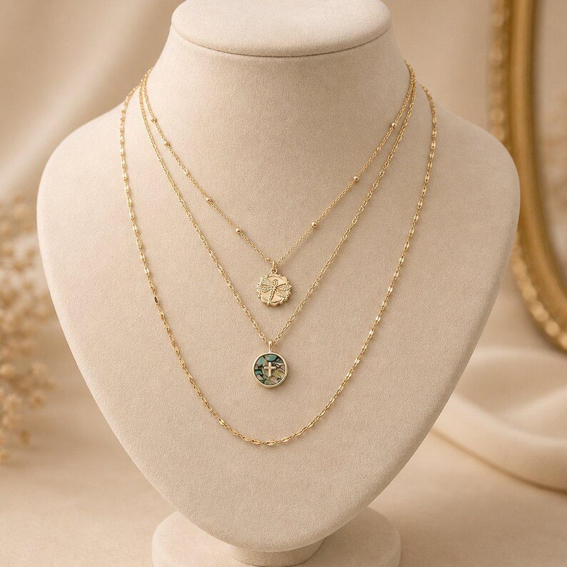 Abalone Cross Bar/Dragonfly Layered Necklace Set, Gold - - LadybugfeetDesigns -