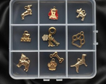 Caja de dijes "Me encantan los perros" - 10 piezas, color dorado