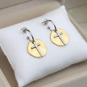 Cross Two-Tone Hoop Earrings, Silver - 16mm - - LadybugfeetDesigns -