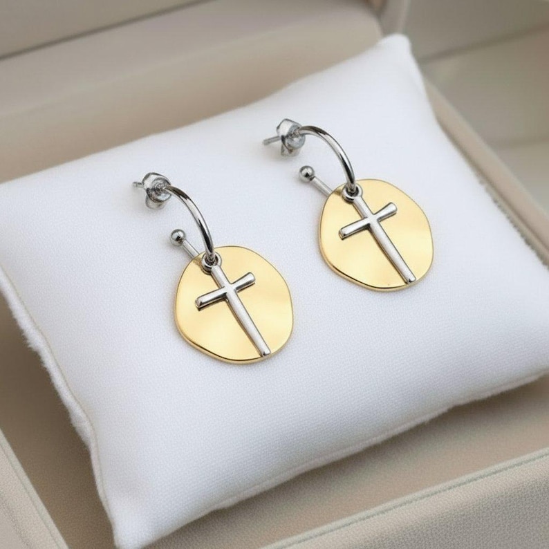 Cross Two-Tone Hoop Earrings, Silver - 16mm - - LadybugfeetDesigns -