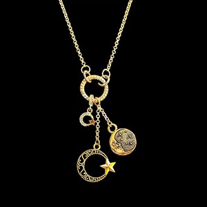 Crescent Moon Star Charm Keeper Necklace, Gold - 18 - 24 inches - - LadybugfeetDesigns -