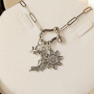 Celestial Moon Face, CZ Sun and Star Shackle Clasp Carabiner Necklace, Silver - 20 inch - - LadybugfeetDesigns -