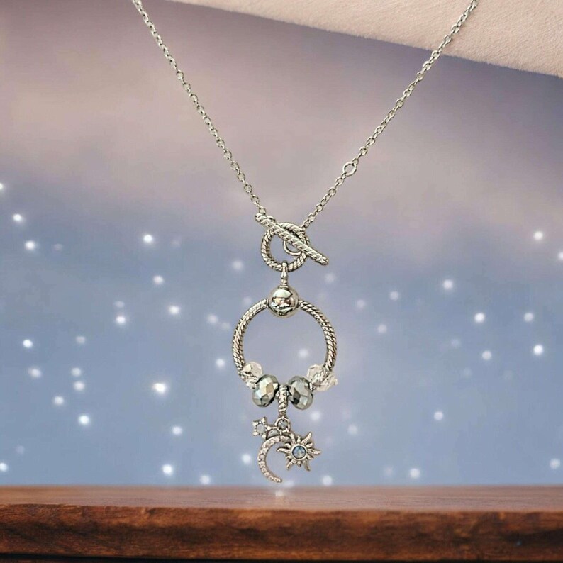 Moon Sun Star Sterling Silver Toggle Charm Necklace, 20 inches - - LadybugfeetDesigns -