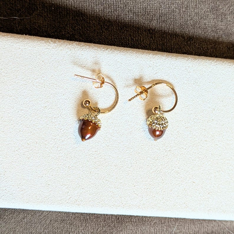 Acorn Hoop Earrings, Gold - 12mm - - LadybugfeetDesigns -