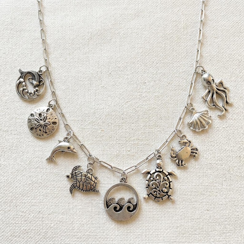 Ocean Lover II Multi Charm Link Necklace, Silver - 20 inch - - LadybugfeetDesigns -