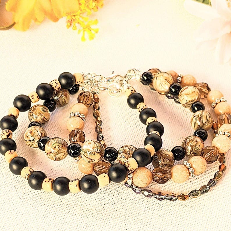 Chunky Jasper Coffee layered cuff bracelet - - LadybugfeetDesigns -