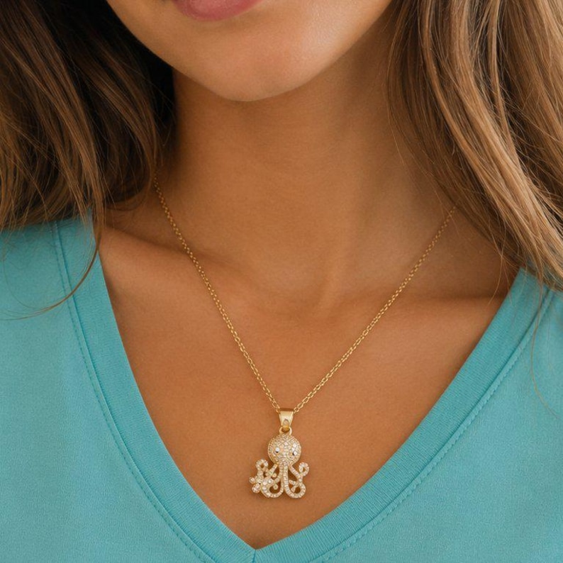CZ Octopus necklace, Gold - 20 inch - - LadybugfeetDesigns -