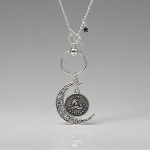 Crescent Moon Zodiac Sign Necklace, Silver - 20 inch - - LadybugfeetDesigns -