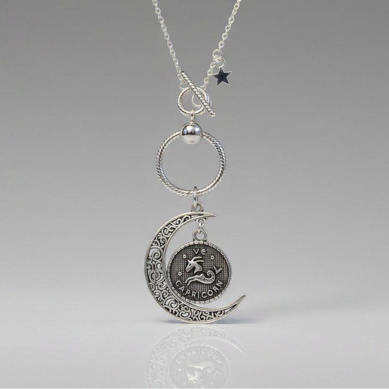 Crescent Moon Zodiac Sign Necklace, Silver - 20 inch - - LadybugfeetDesigns -