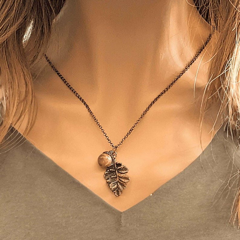 Acorn Oak Leaf Necklace, Antique Copper - - LadybugfeetDesigns -