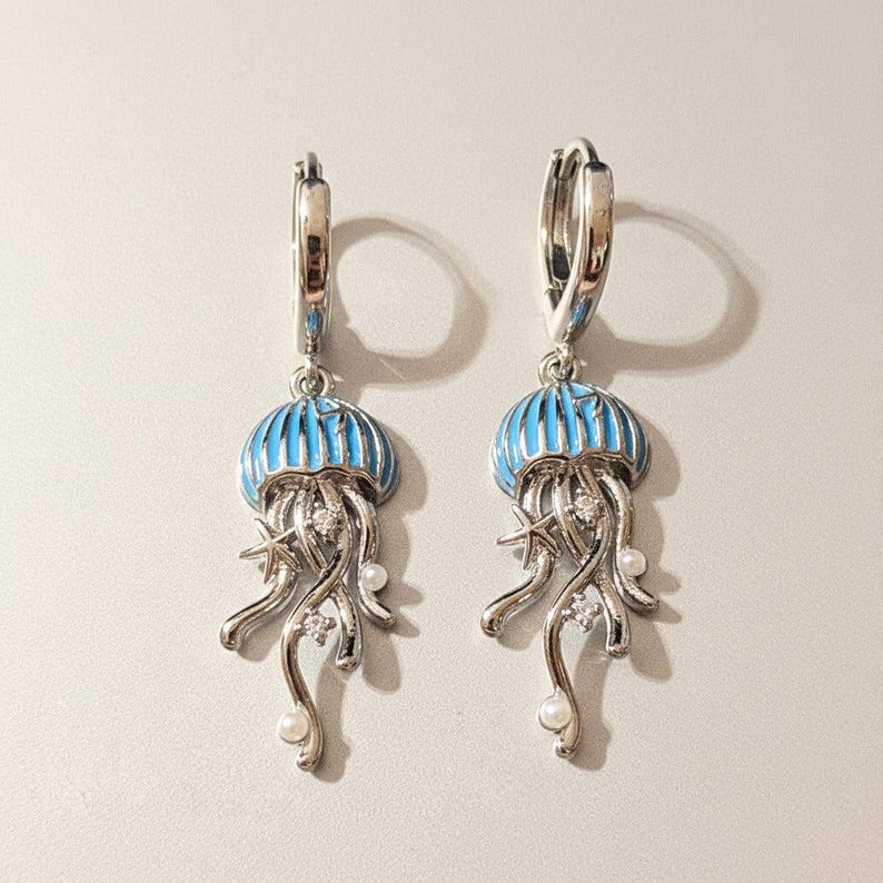 Jellyfish Huggie Hoop earrings, Silver - 15mm - - LadybugfeetDesigns -