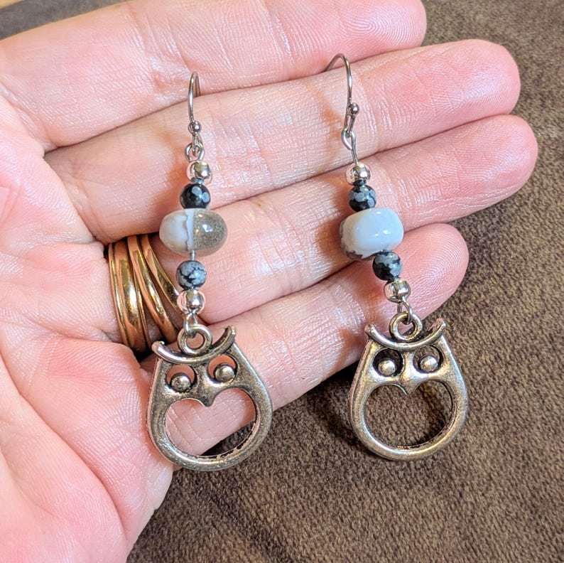 Owl Boulder Opal Beaded Hook Earrings, Silver - - LadybugfeetDesigns -