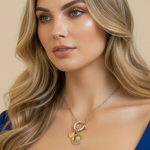 Opal Sun, Crescent Moon and Heart Shackle Clasp Carabiner Necklace, Gold - Adjusts up to 20 inches - - LadybugfeetDesigns -
