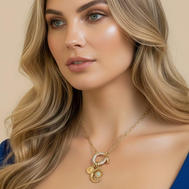 Opal Sun, Crescent Moon and Heart Shackle Clasp Carabiner Necklace, Gold - Adjusts up to 20 inches - - LadybugfeetDesigns -