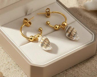 Genuine Conch Shell Hoop Earrings, Gold - 16mm