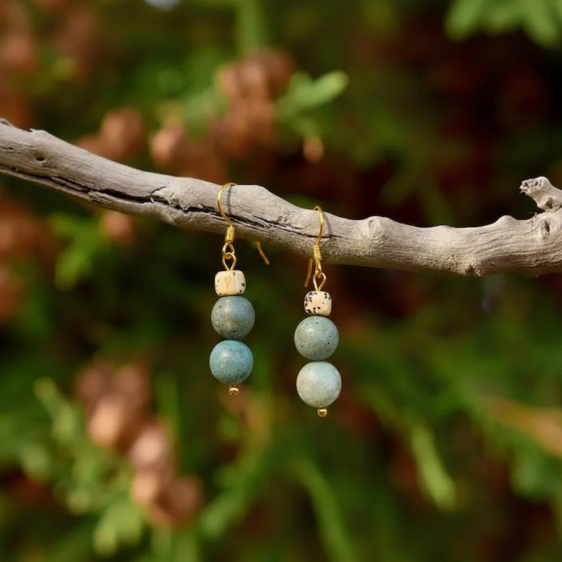 Fancy Jasper Beaded Hook Earrings, Gold - - LadybugfeetDesigns -