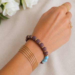 Turquoise Gemstone Lava Bead Stretch bracelet-December Birthstone - - LadybugfeetDesigns -