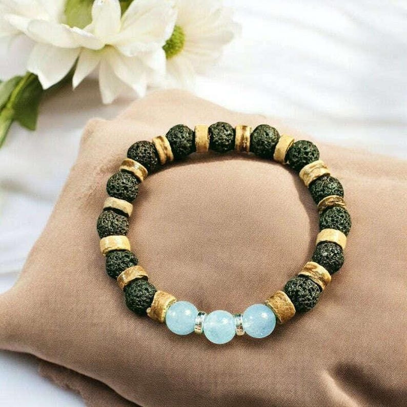 Aquamarine Gemstone Lava Bead Stretch bracelet-MARCH Birthstone - - LadybugfeetDesigns -